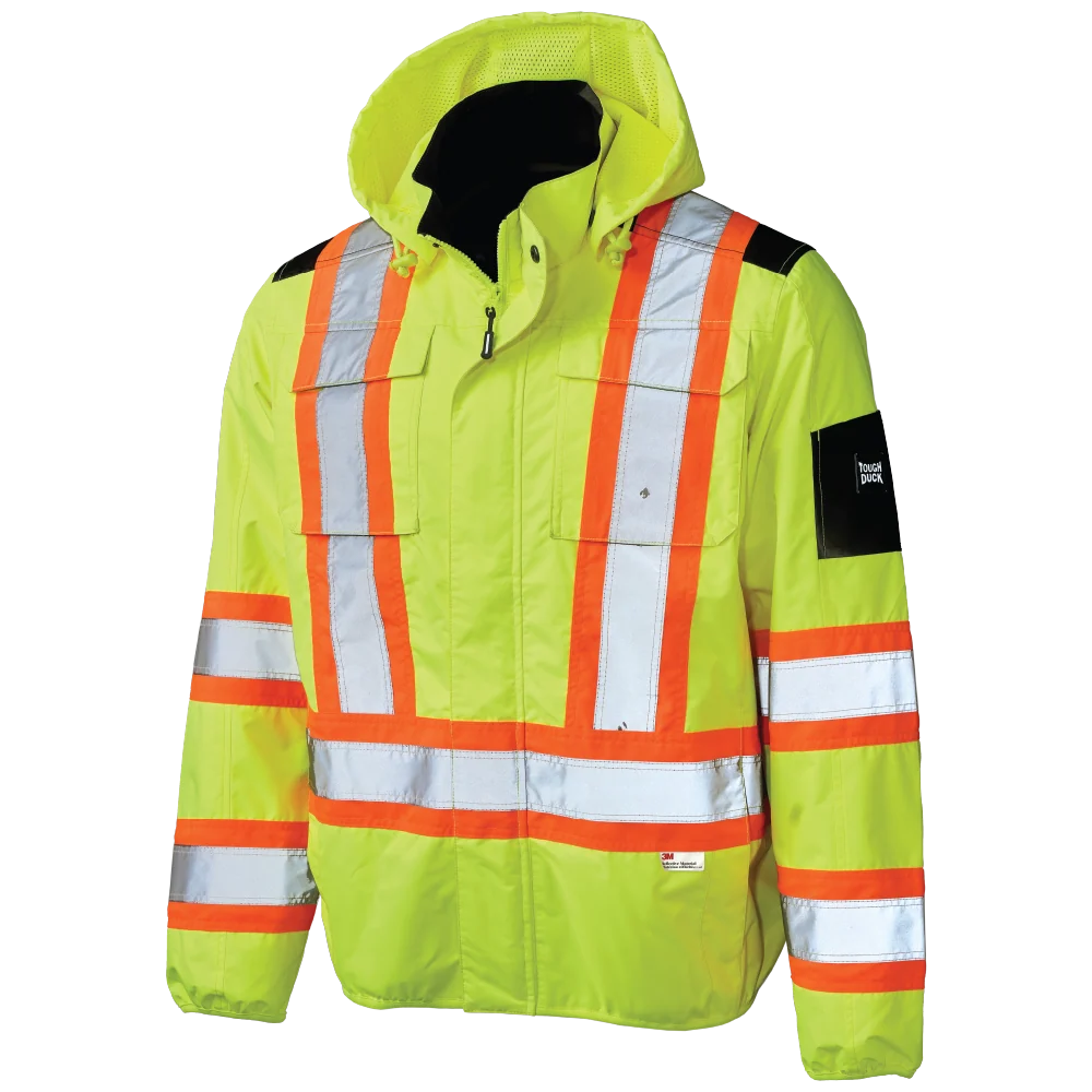 Tough Duck SJ50 light weight mesh-lined safety jacket front view in fluorescent green with hood