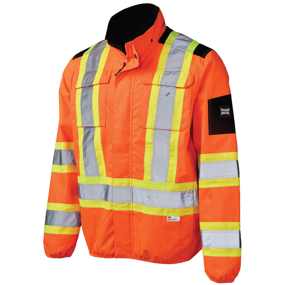 Tough Duck SJ50 light weight mesh-lined safety jacket front view in fluorescent orange