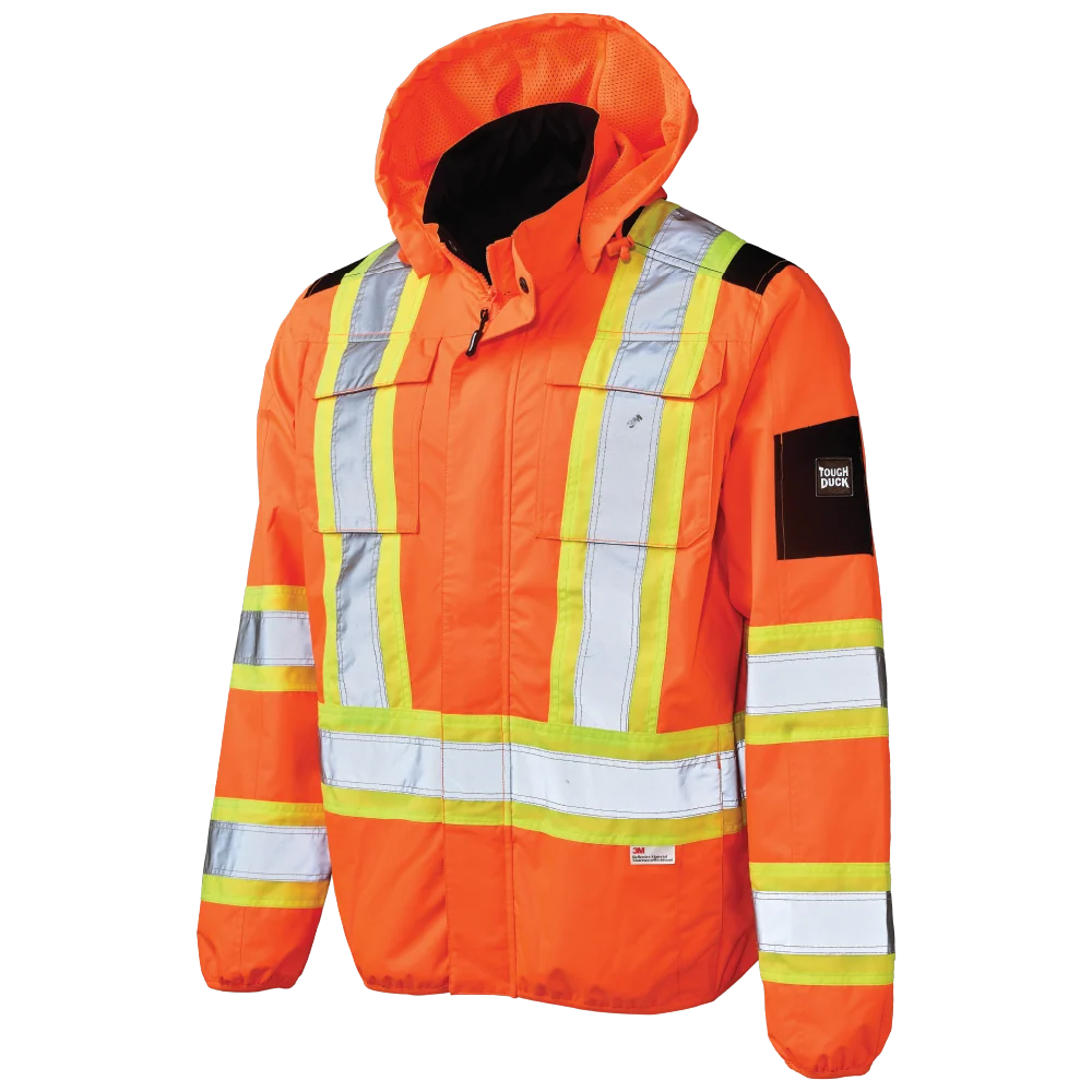 Tough Duck SJ50 light weight mesh-lined safety jacket front view in fluorescent orange with hood