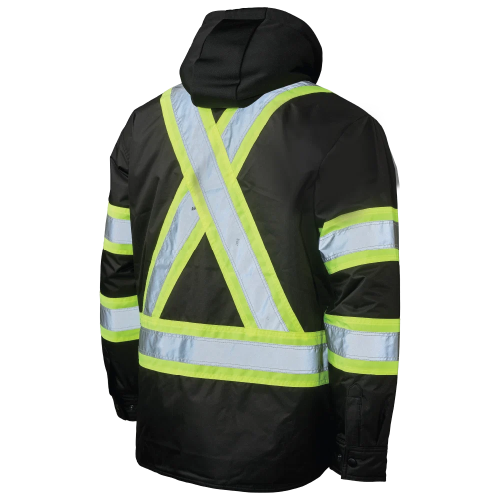 Tough Duck SJ51 quilt-lined hooded safety jac-shirt back view in black