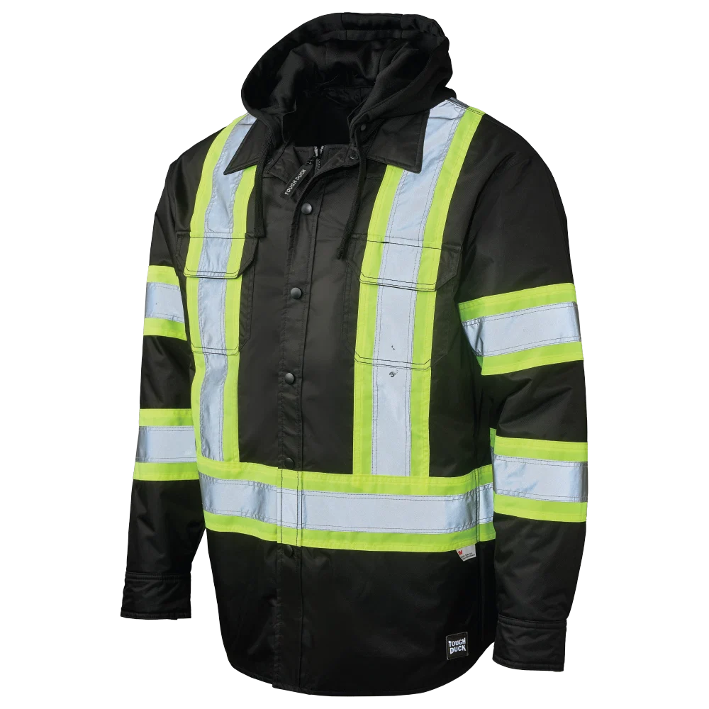 Tough Duck SJ51 quilt-lined hooded safety jac-shirt front view in black