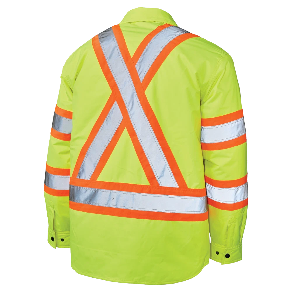 Tough Duck SJ51 safety jac-shirt back view in fluorescent green without hood