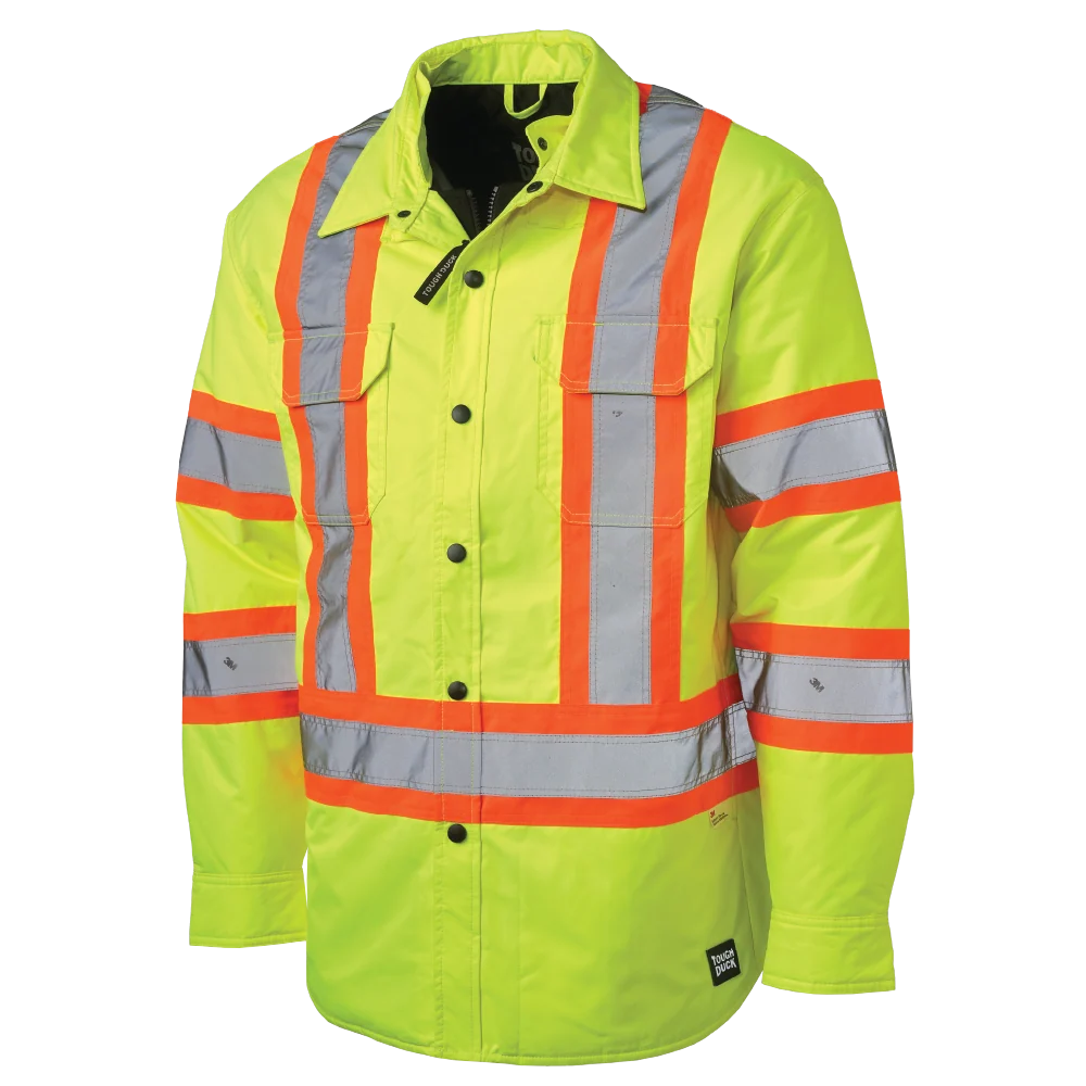 Tough Duck SJ51 safety jac-shirt front view in fluorescent green without hood