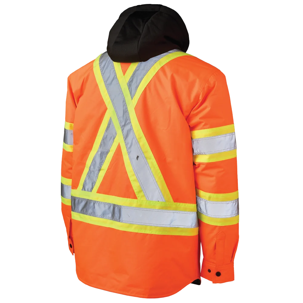 Tough Duck SJ51 hooded safety jac-shirt back view in fluorescent orange
