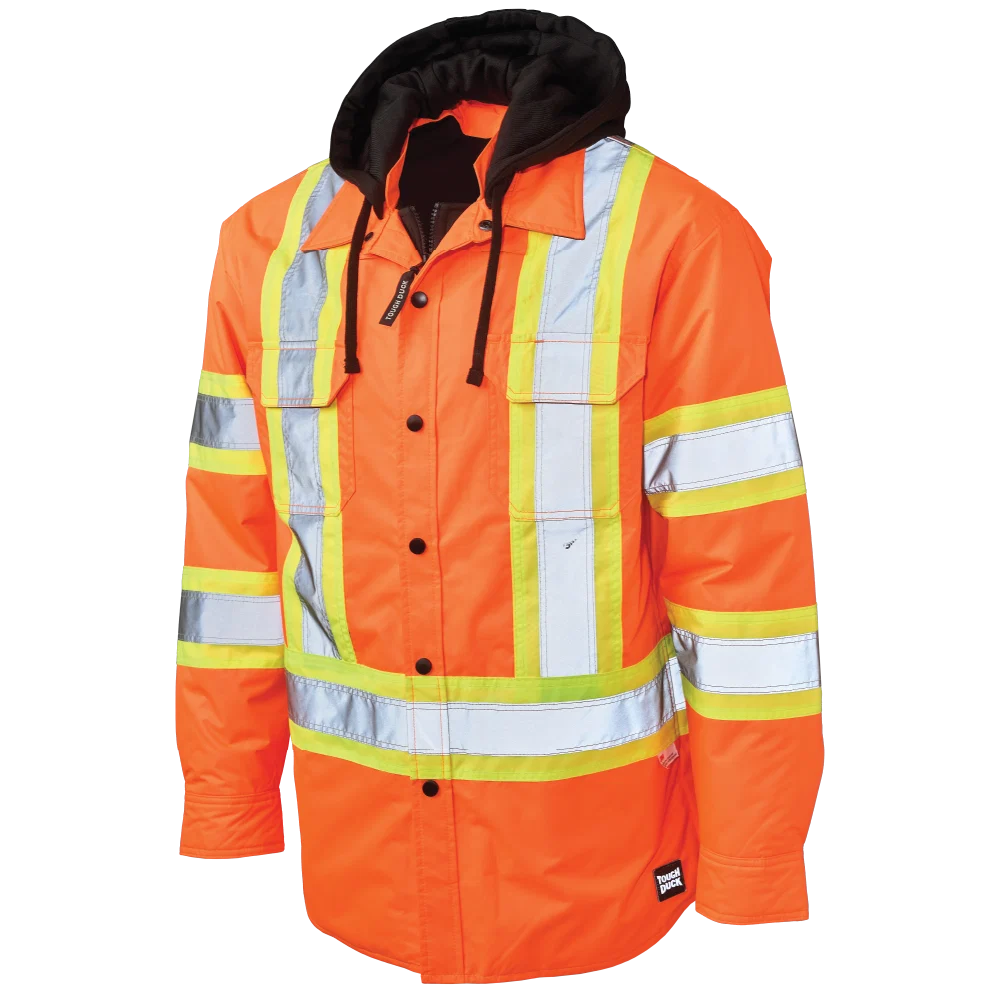 Tough Duck SJ51 hooded safety jac-shirt front view in fluorescent orange