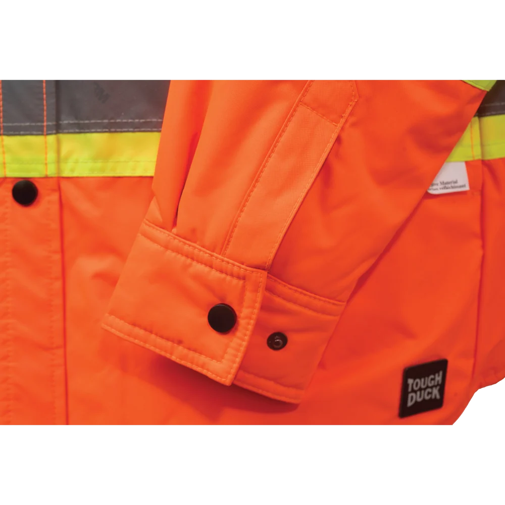 Tough Duck SJ51 quilt-lined safety jac-shirt cuff detail in fluorescent orange