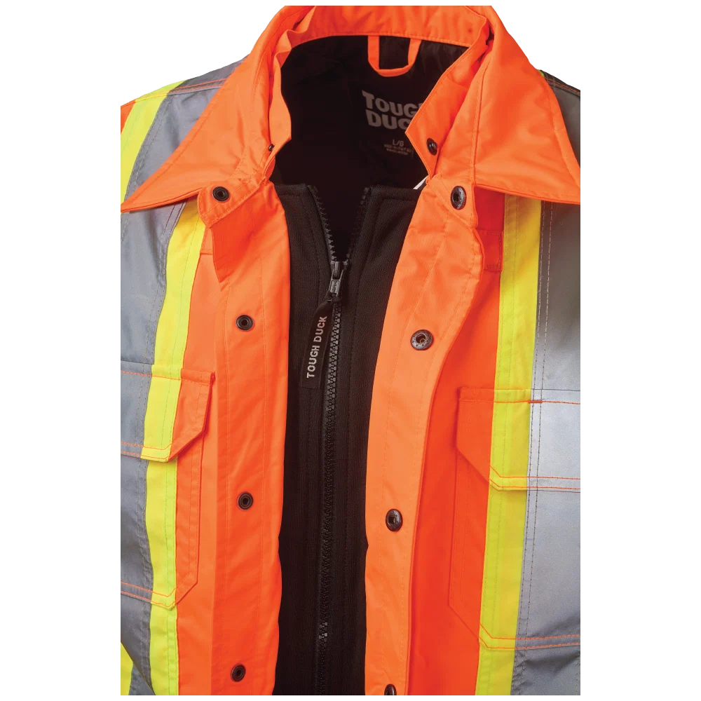 Tough Duck SJ51 fluorescent orange safety jac-shirt zip front detail
