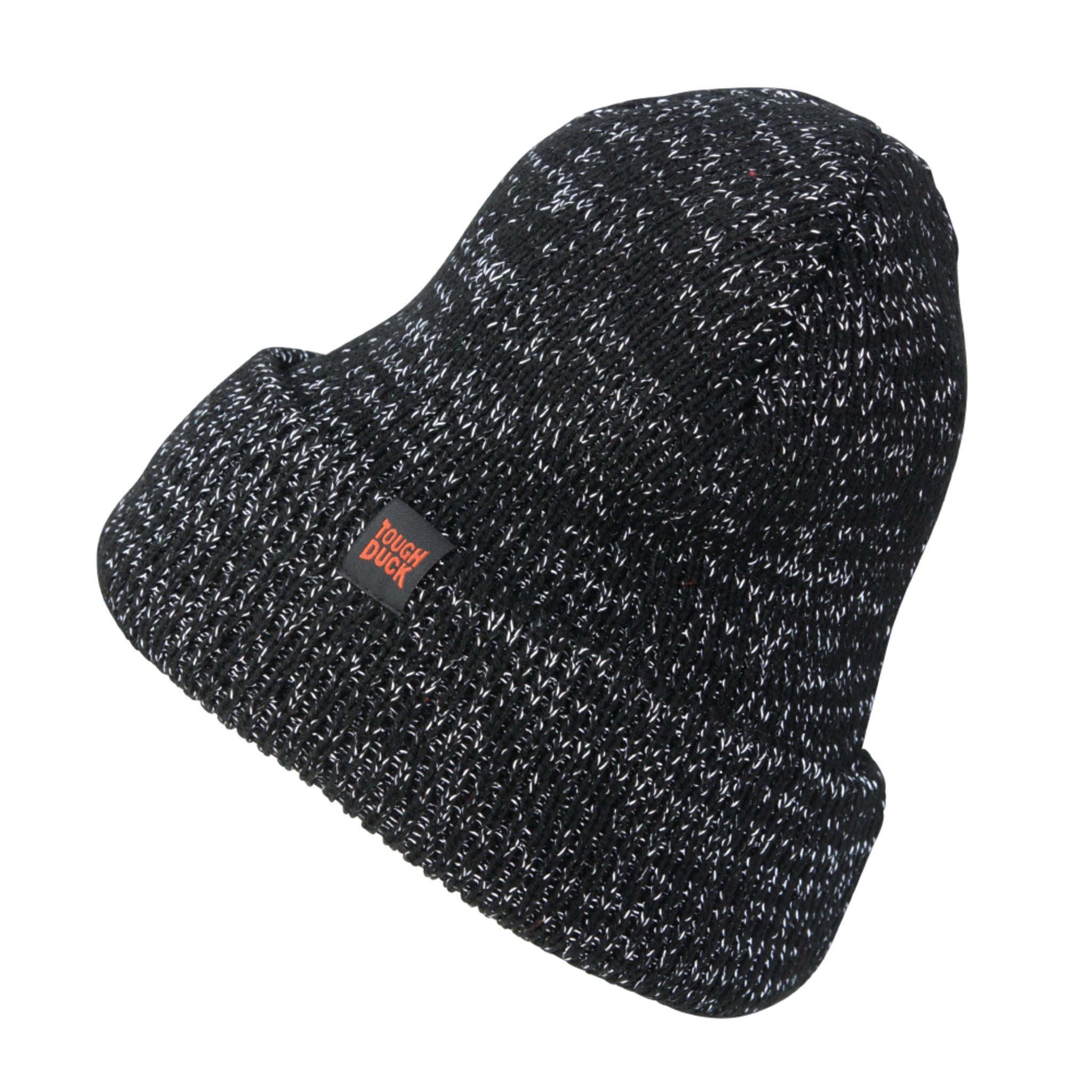 Black Tough Duck WA28 reflective yarn toque. Acrylic knit with reflective yarn woven throughout the entire fabric. Wide cuff. Retroreflective. One size.
