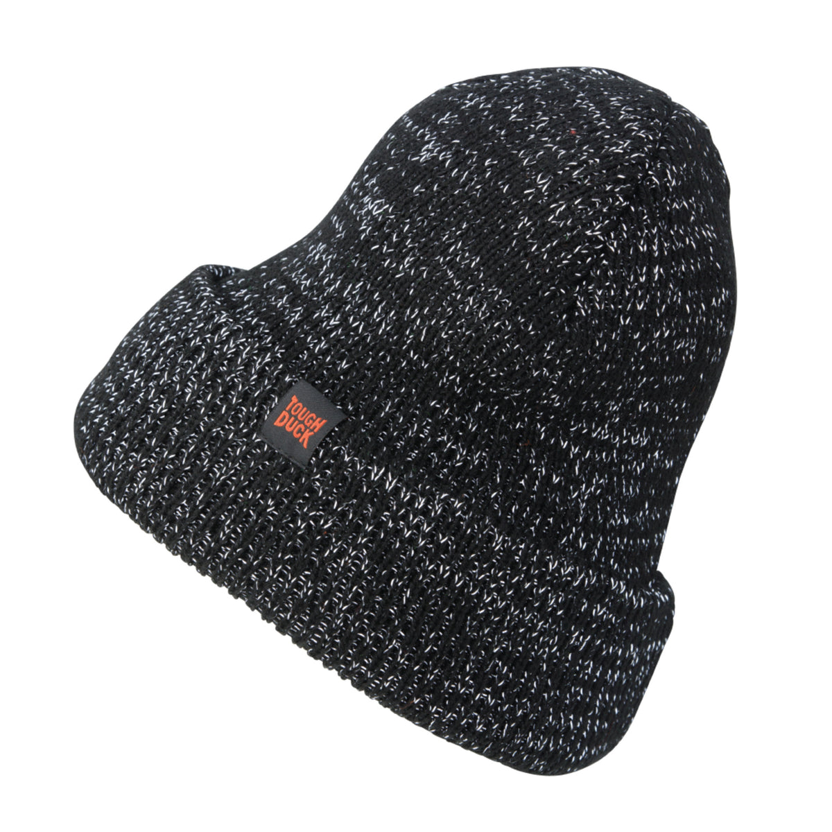 Black Tough Duck WA28 reflective yarn toque. Acrylic knit with reflective yarn woven throughout the entire fabric. Wide cuff. Retroreflective. One size.
