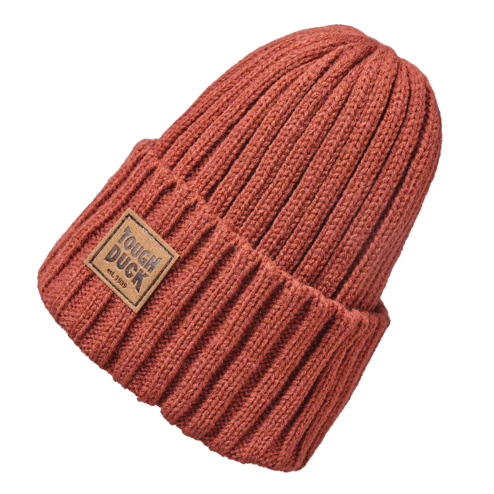 Tough Duck WA54 wool rib watch cap in brick with folded cuff and logo patch