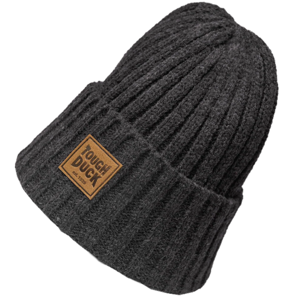 Tough Duck WA54 wool rib watch cap in charcoal with folded cuff and logo patch