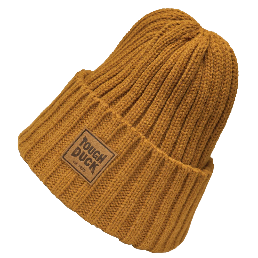 Tough Duck WA54 wool rib watch cap in dark mustard with folded cuff and logo patch