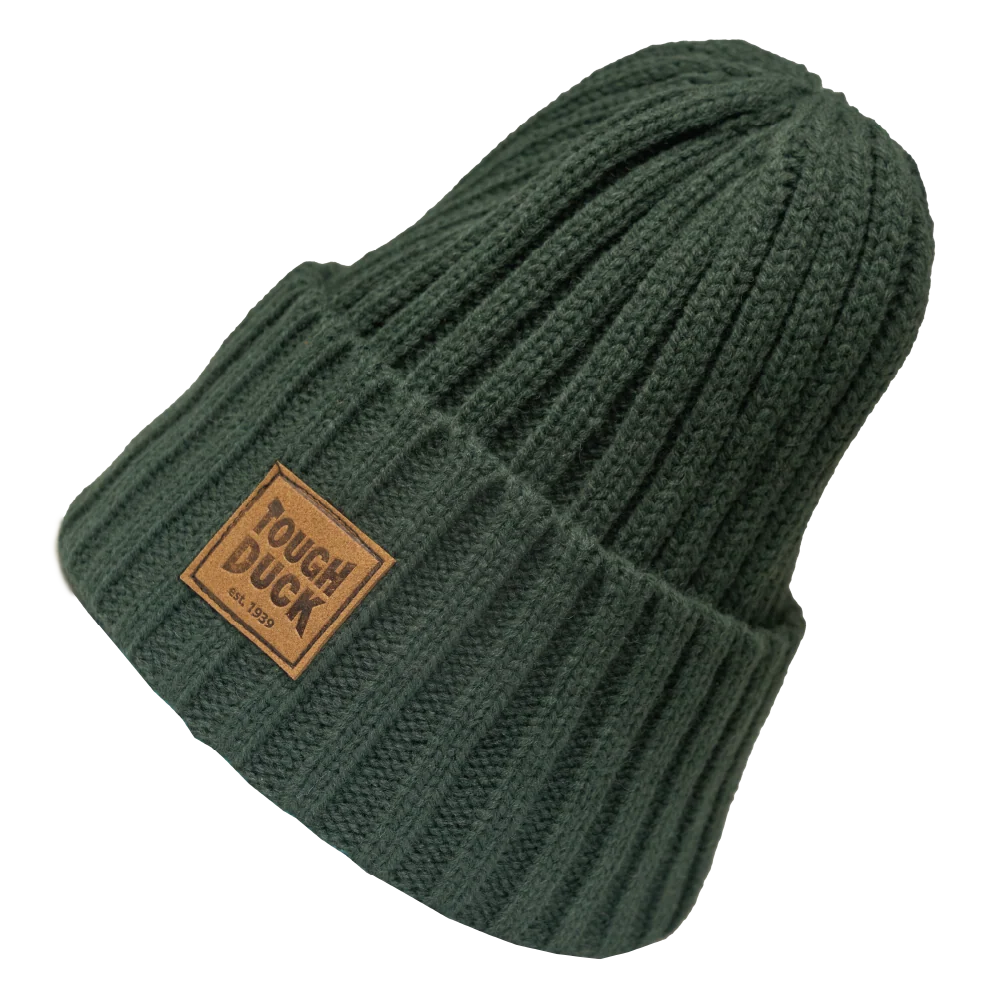 Tough Duck WA54 wool rib watch cap in forest green with folded cuff and logo patch