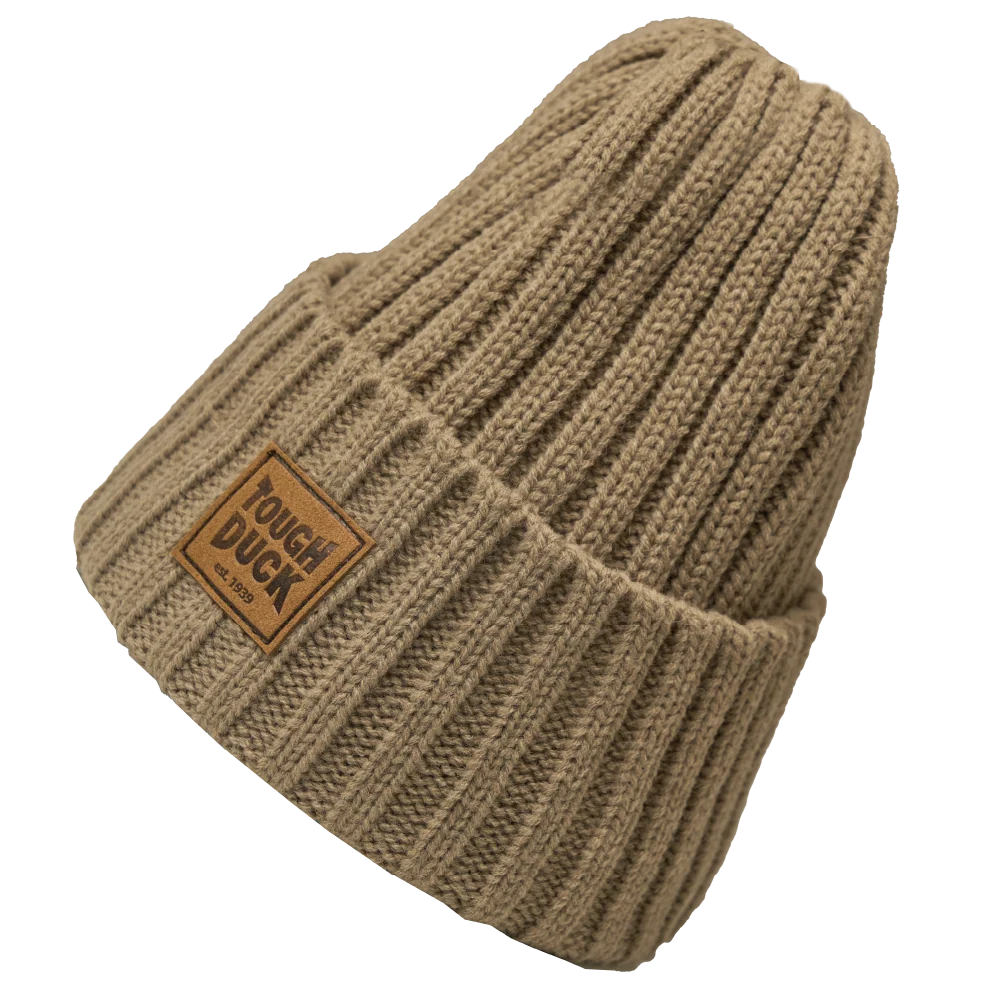 Tough Duck WA54 wool rib watch cap in oatmeal with folded cuff and logo patch