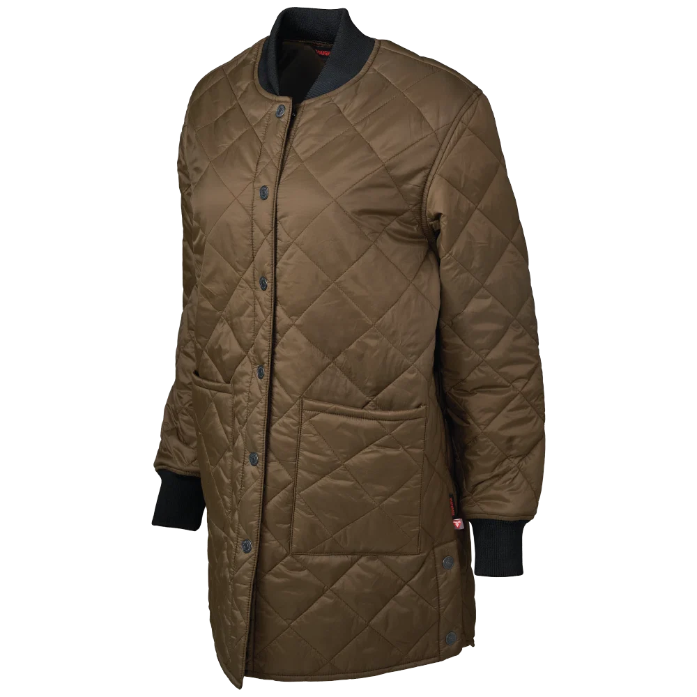 Tough Duck WJ47 women’s PrimaLoft long freezer jacket front view in timber