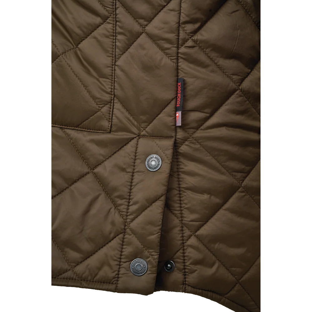 Close-up detail of the Tough Duck WJ47 Women's PrimaLoft Long Freezer Jacket in timber showing quilting and snap buttons
