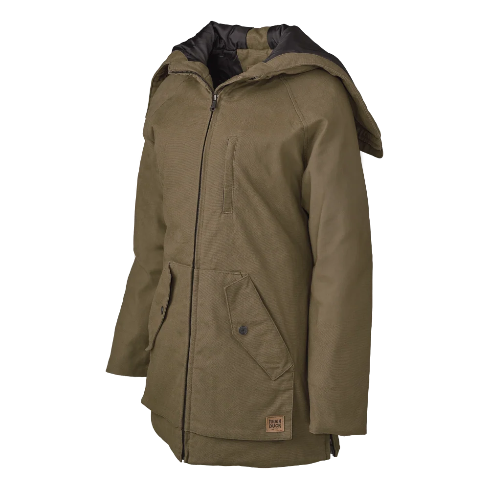 Tough Duck WJ48 women’s parka front view with convertible hood open