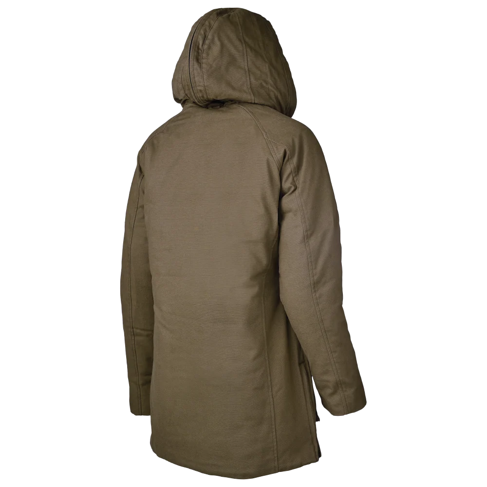 Tough Duck WJ48 women’s lined duck parka back view in oak