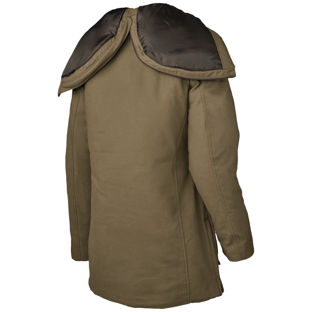 Tough Duck WJ48 women’s parka back view with convertible hood open