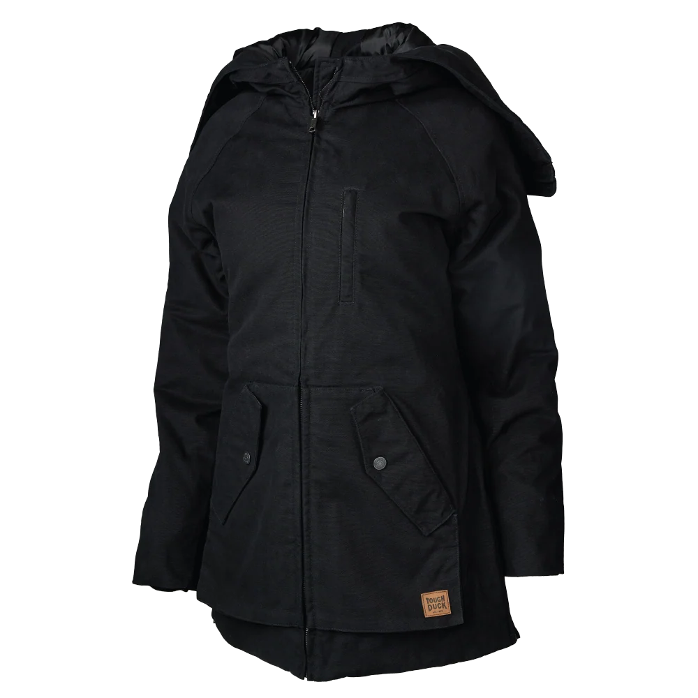 Tough Duck WJ48 women’s duck parka front view with convertible hood open