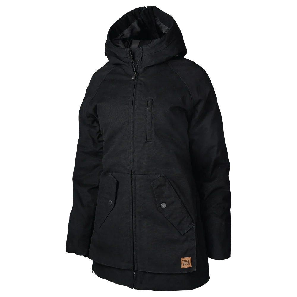 Tough Duck WJ48 women’s lined duck parka front view in black