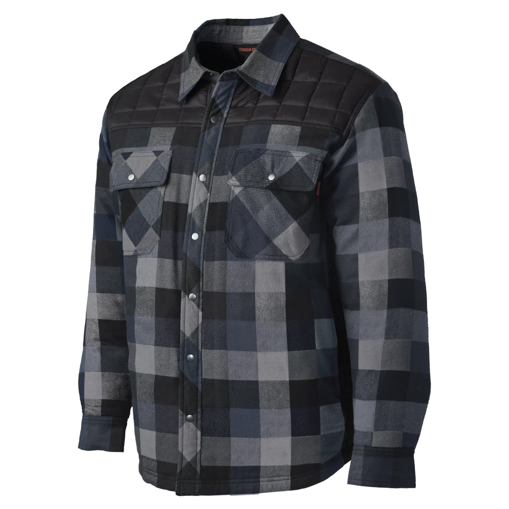 Tough Duck WS25 hybrid quilted flannel shirt front view in blue plaid