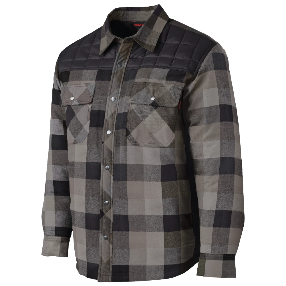 Tough Duck WS25 hybrid quilted flannel shirt front view in stone plaid