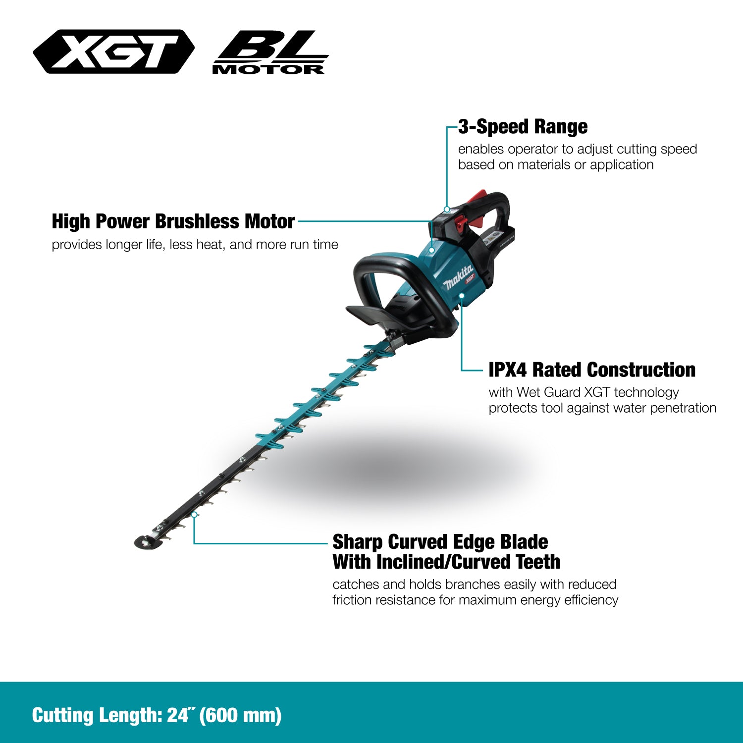 Makita 40Vmax XGT Brushless 24" Hedge Trimmer - 3-Speed Control, Electric Brake, Rotating Handle, Batteries & Charger Sold Separately | Tool Only