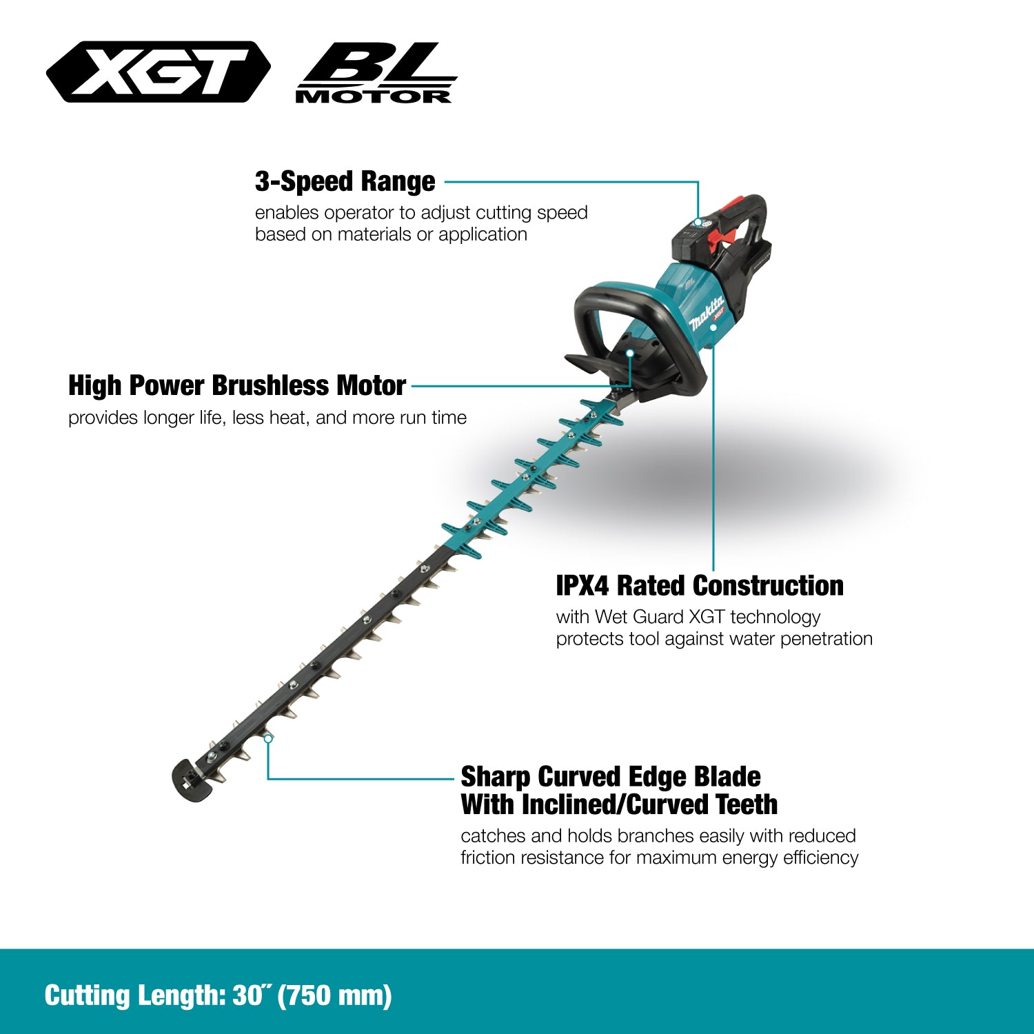 Makita 40Vmax XGT Brushless 29-1/2" Hedge Trimmer - 3-Speed Control, Electric Brake, Rotating Handle, Batteries & Charger Sold Separately | Tool Only