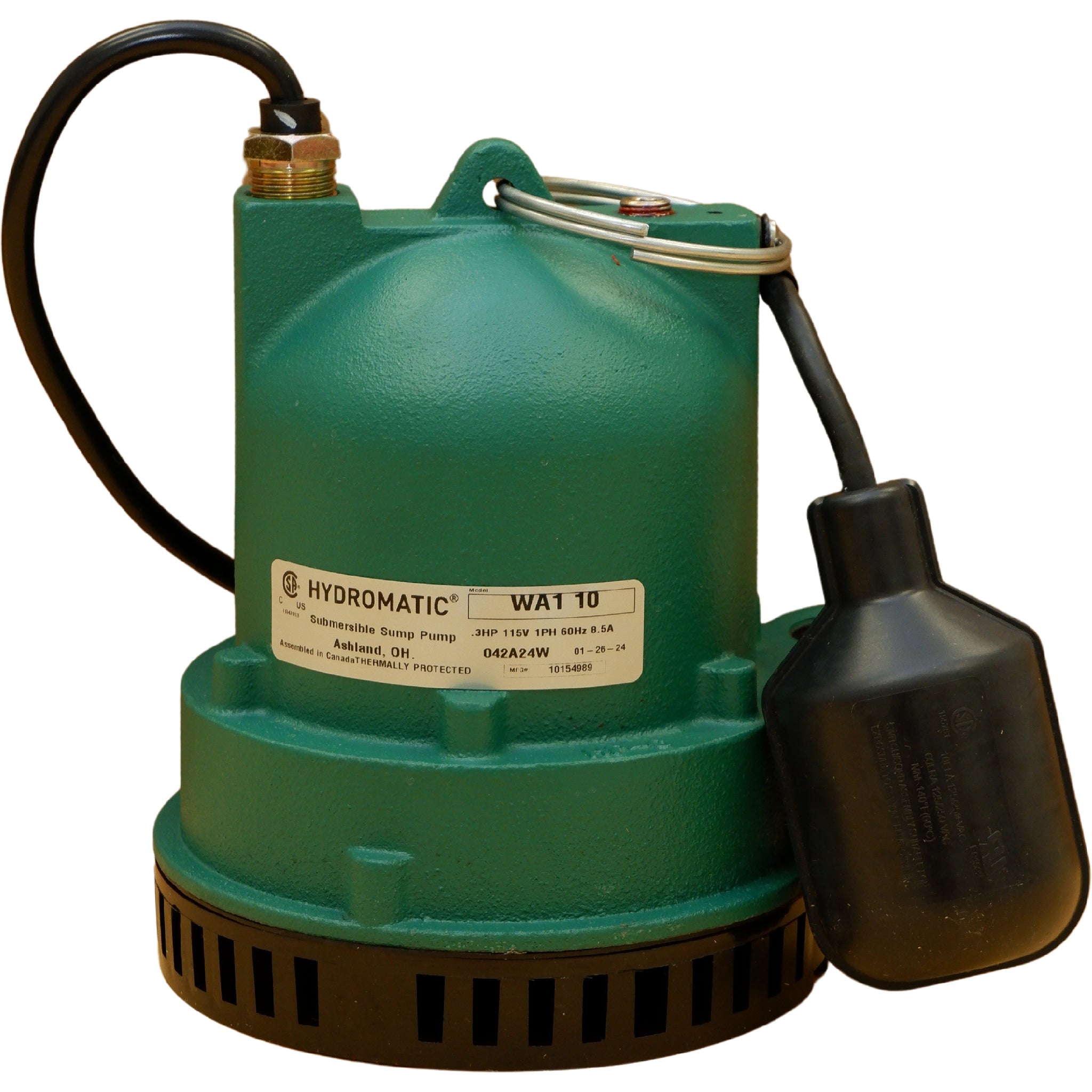 Hydromatic WA1 10 Submersible Sump Pump, 3/10 HP, 38 GPM, 120V, Cast Iron, Wide Angle Float Switch, Oil-Filled Motor, 1-1/2" NPT Discharge, CSA Listed