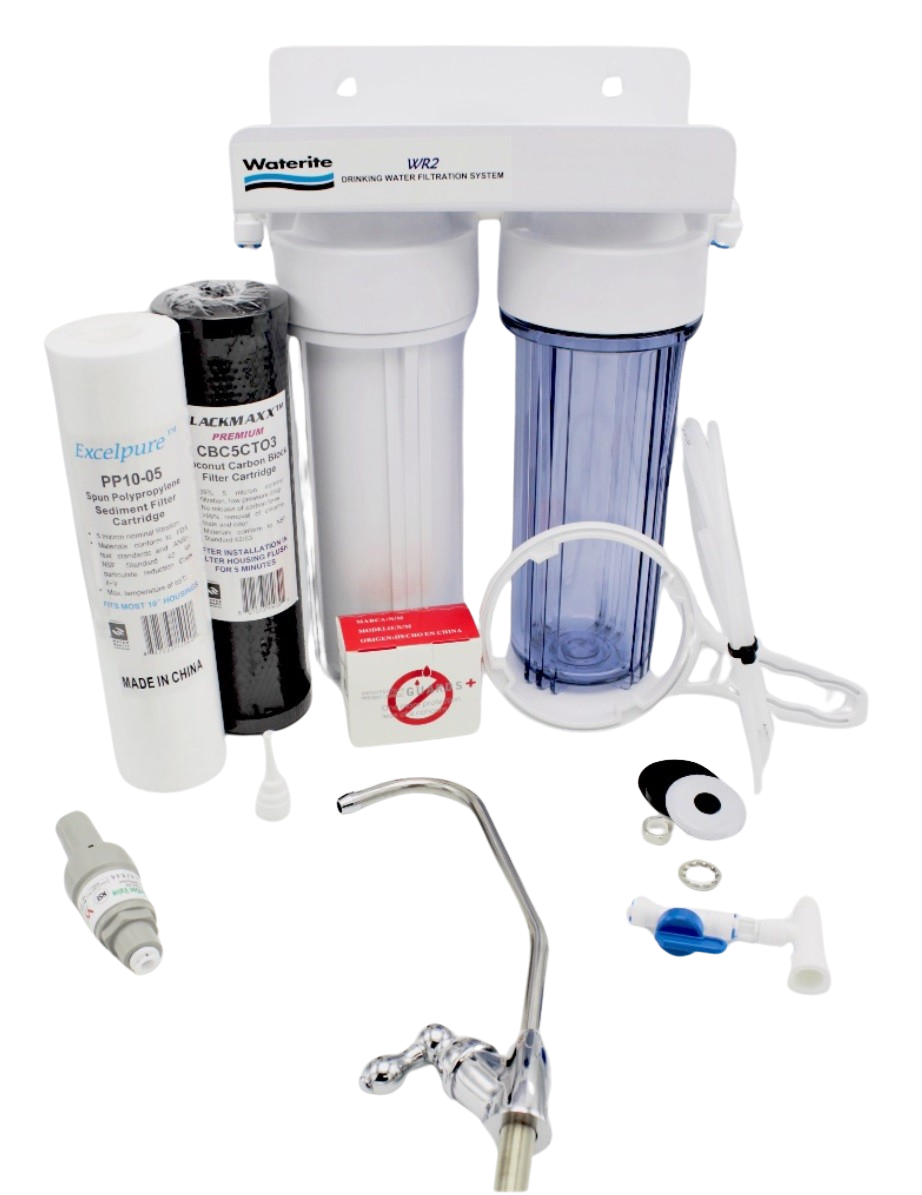 Waterite WR2 10" x 2.5" OD Under Counter Dual Stage Filtration System w Faucet, Sediment and Carbon Filters for Chlorine, Lead, and Sediment Removal