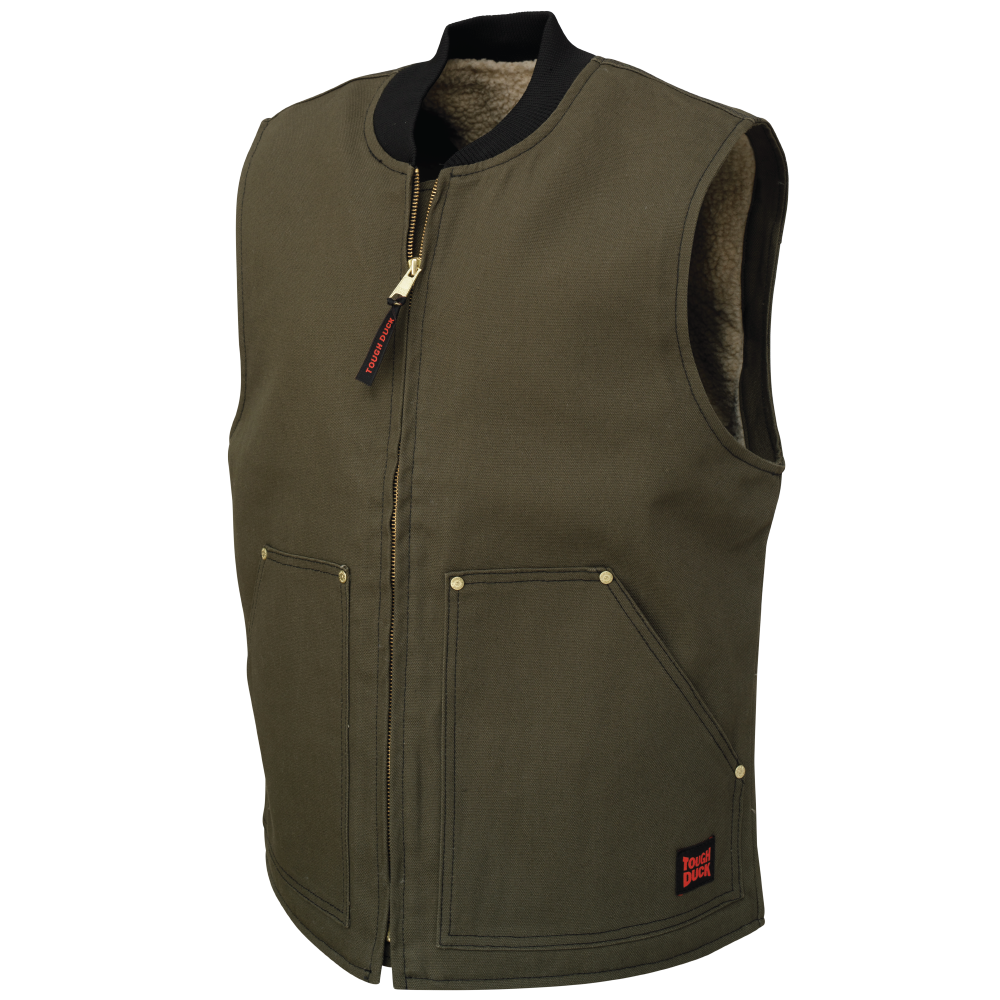 Tough Duck Men's Work Vest WV06 Cotton Sherpa Lined 12 oz Premium Duck Water Repellent Rib Knit Collar Sizes S-3XL