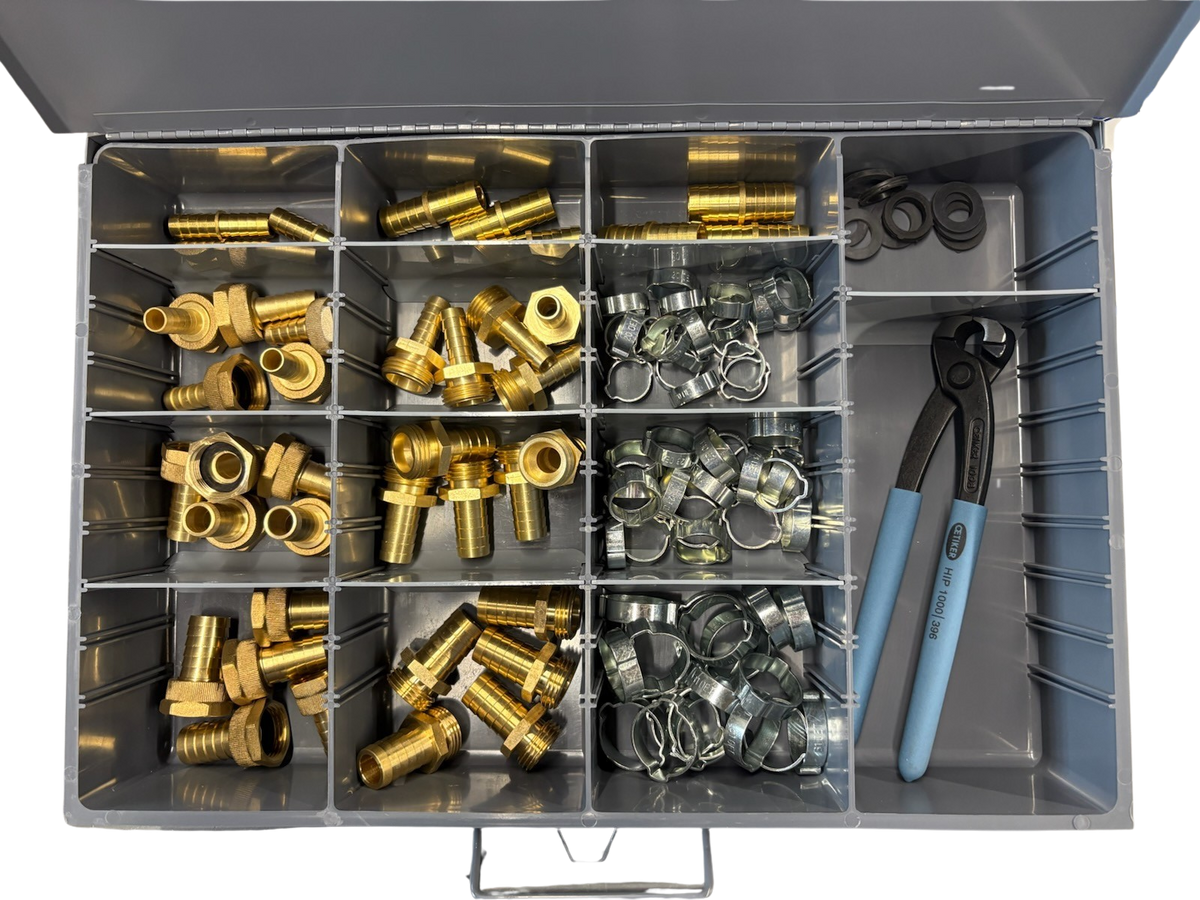 Comprehensive Garden Hose Field Repair Kit with Brass Menders, Couplings, Clamps, and Heavy-Duty Case for Efficient and Reliable Hose Maintenance