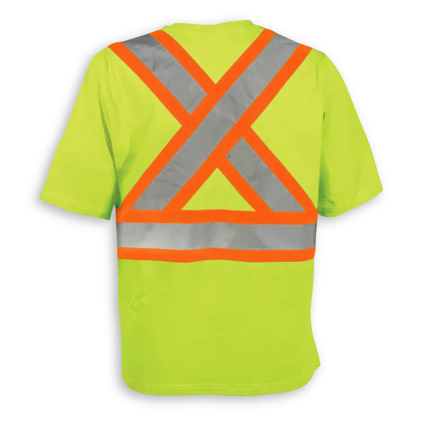 Big K women’s lime short sleeve hi-vis safety t-shirt with X-back reflective tape.