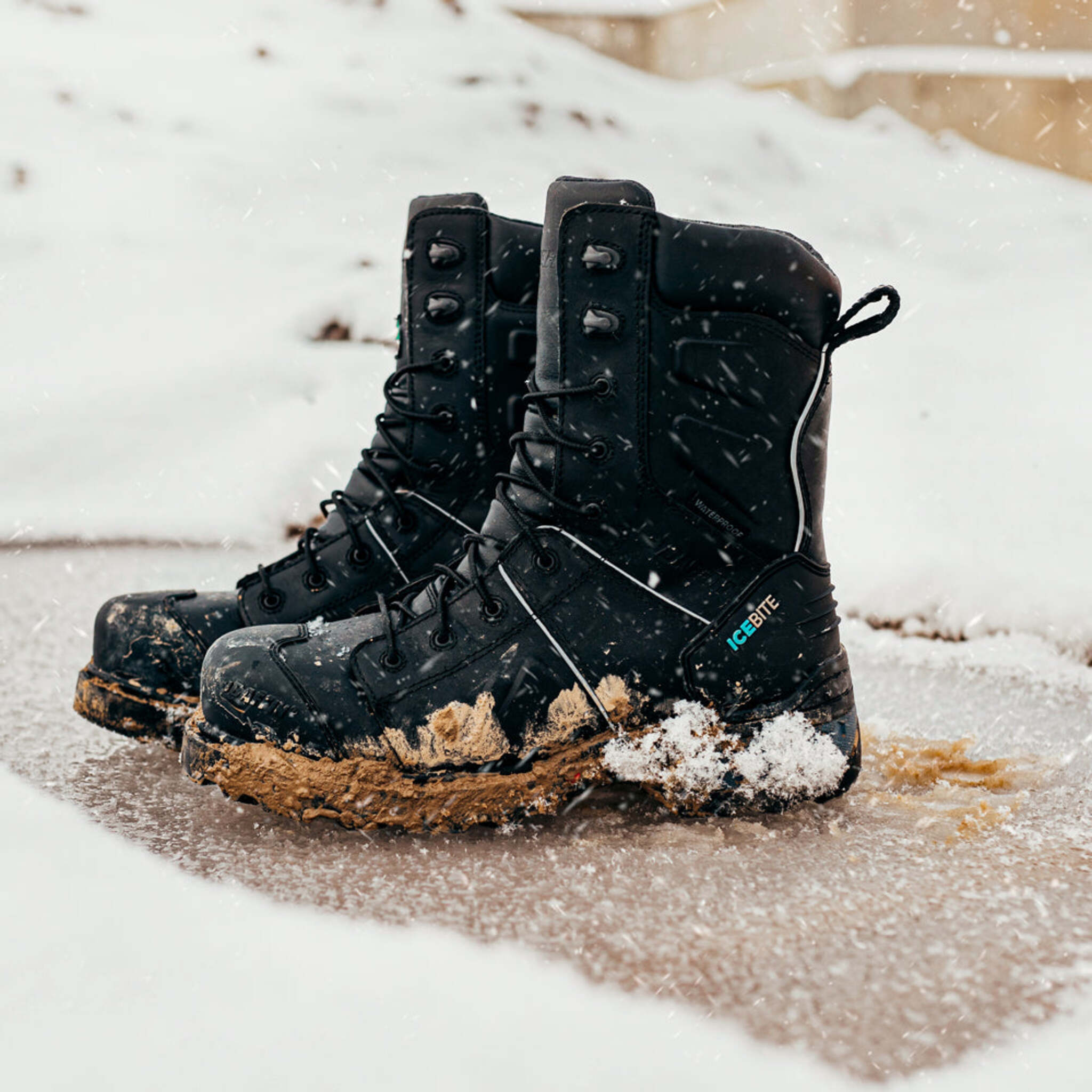Baffin Ice Monster winter safety boots providing traction in snowy conditions.