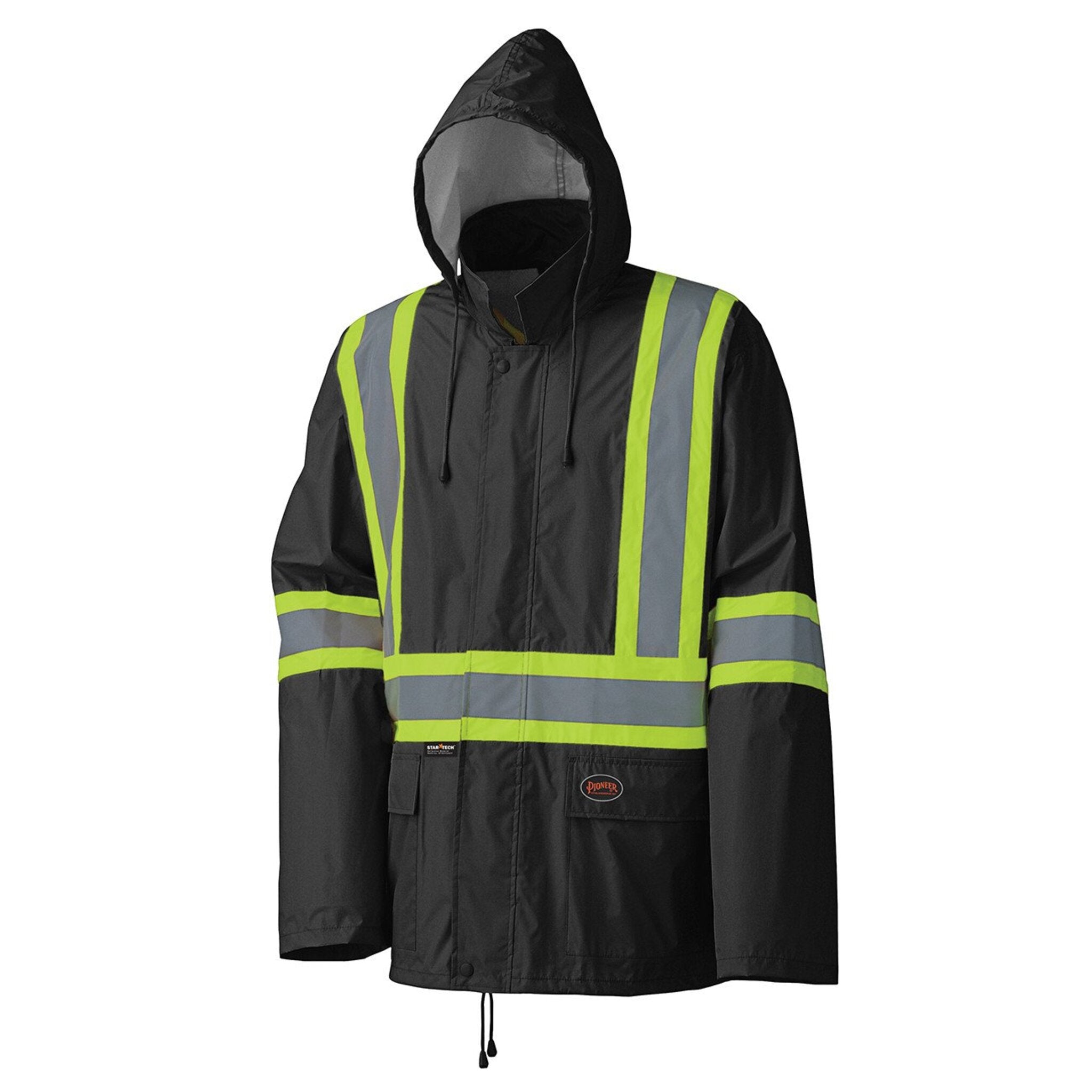Black hi-vis rain jacket with reflective stripes