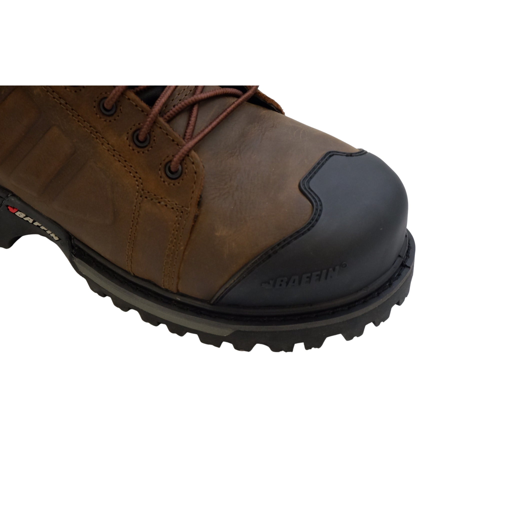 Closeup of brown Baffin Monster 6 composite toe protection