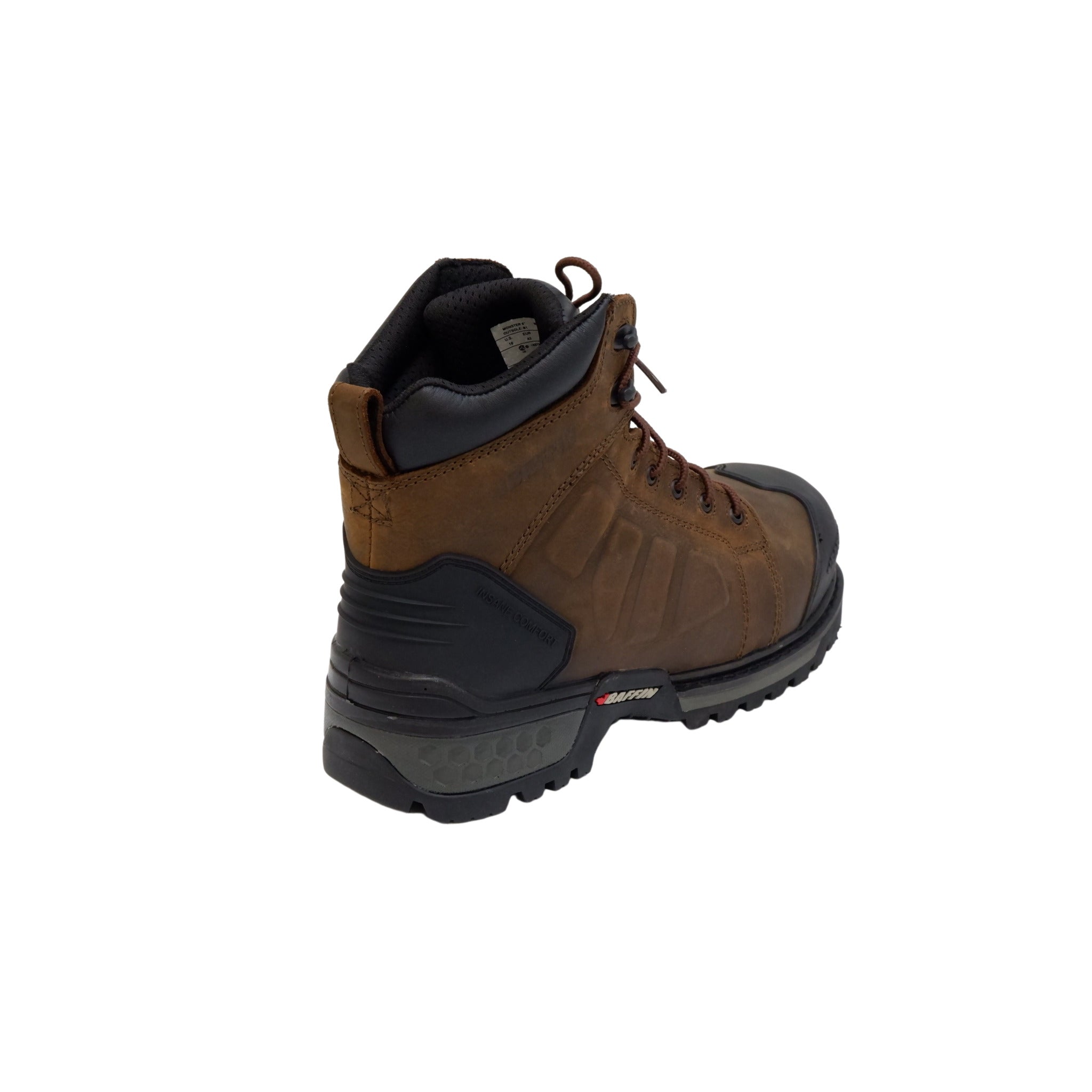 Brown Baffin Monster 6 waterproof work boot heel side view