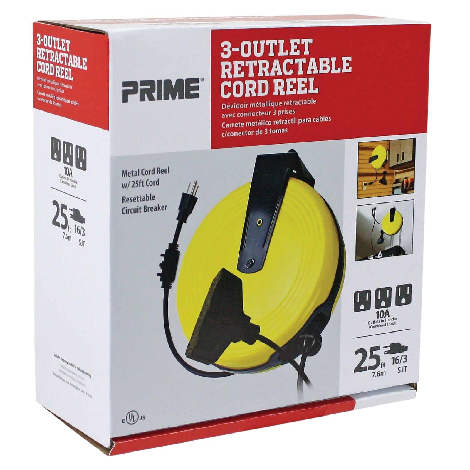 Prime 3-Outlet Retractable Metal Extension Cord Reel 25 Ft Cable Len