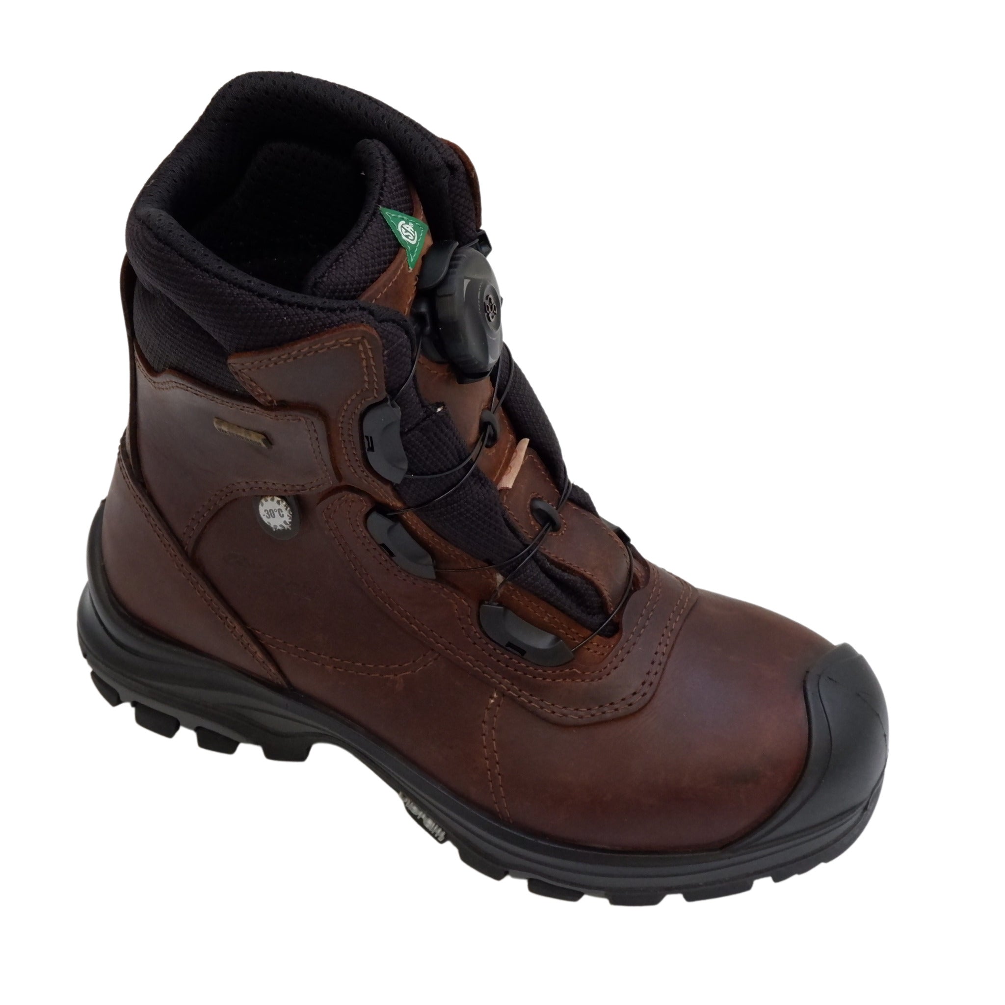 Full side profile of brown industrial safety boot
