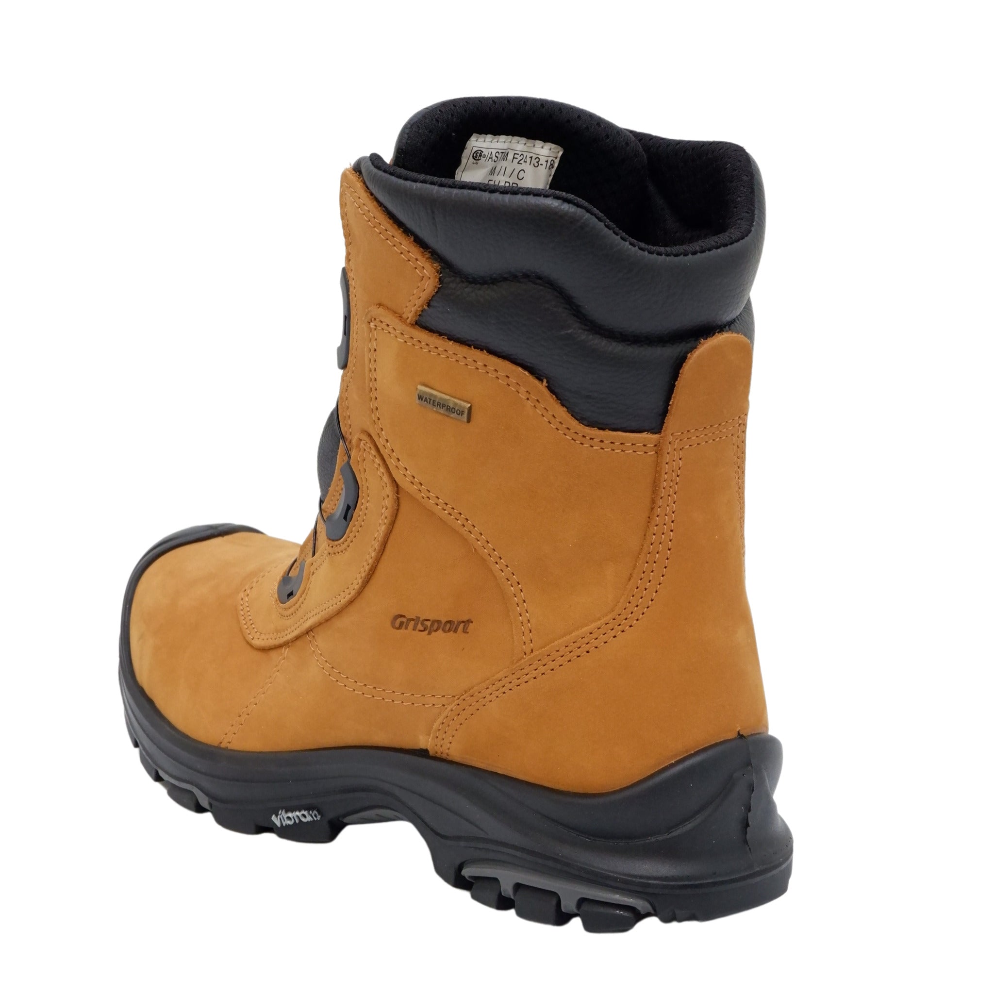 Outer side angle view of rugged work boot design