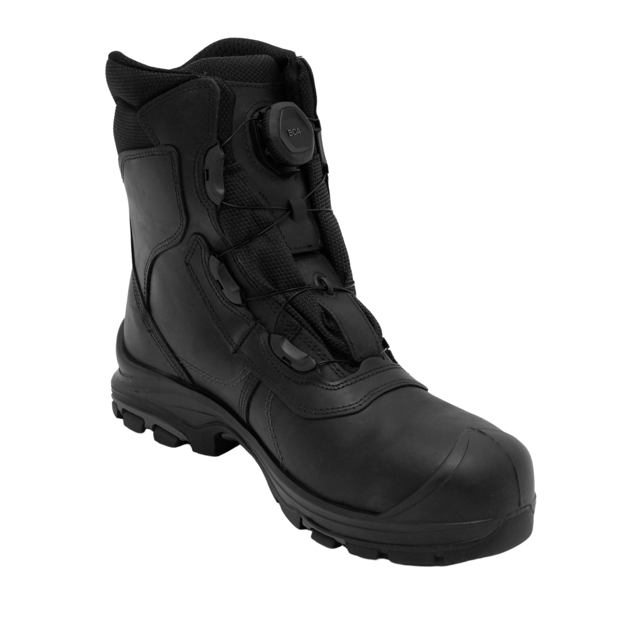 Rear angled view of black safety boot