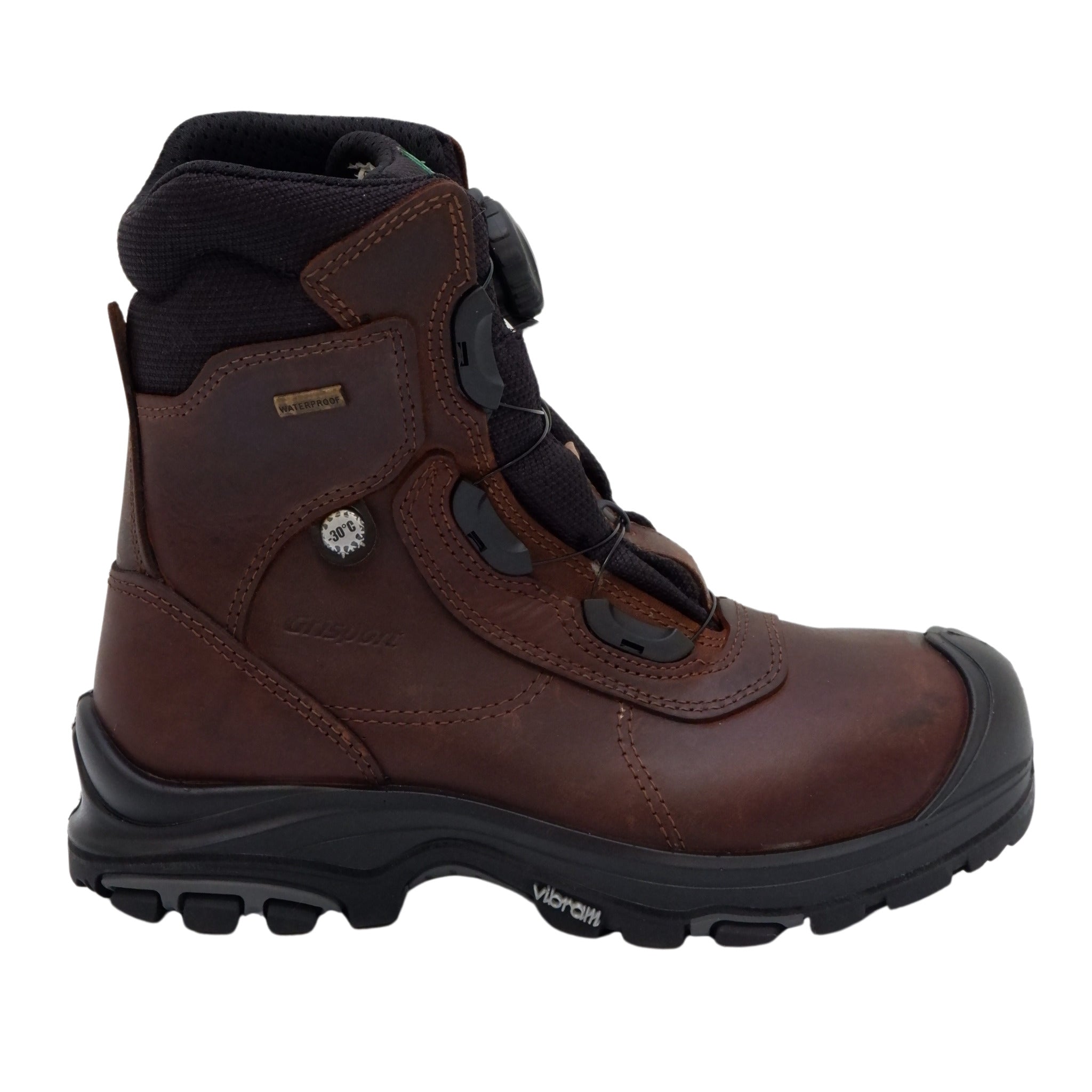 Side profile of brown leather construction boot