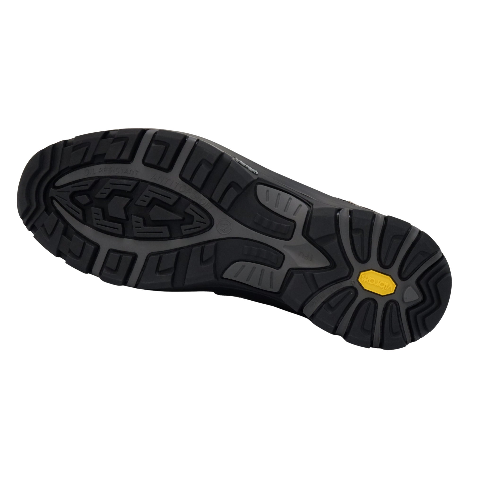 Full Vibram outsole showing tread pattern for grip and durability