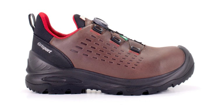 Side profile of brown industrial safety shoe