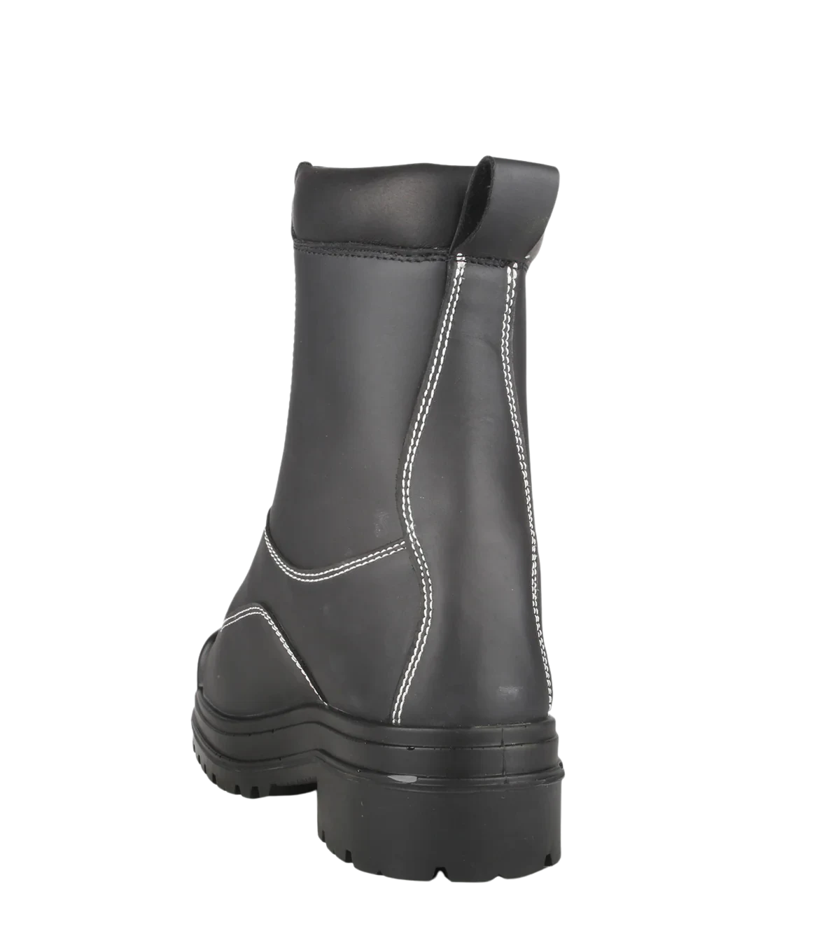 Rear angle view of Hardrock black leather work boot with white stitching