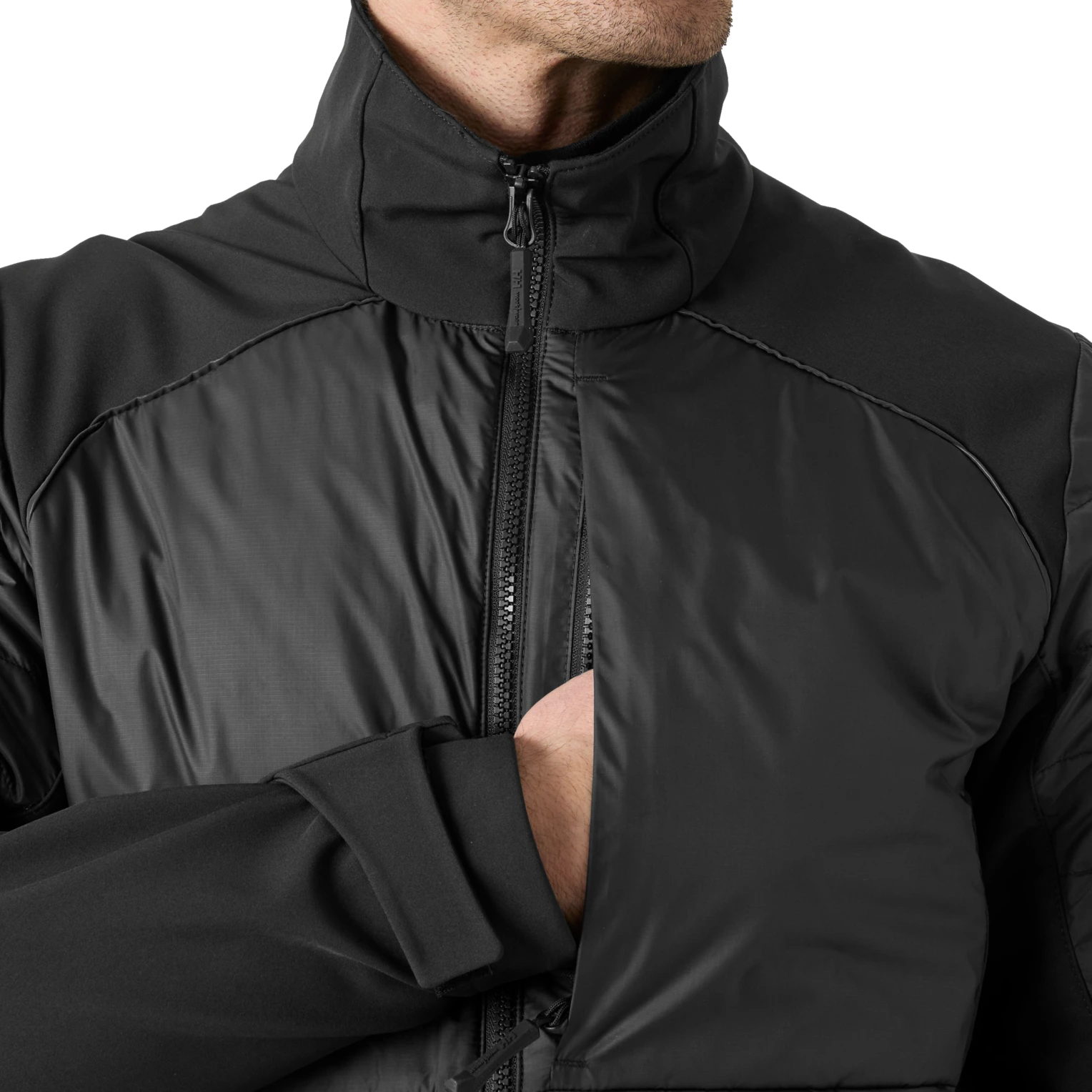 Helly Hansen Chelsea Evolution 2.0 Insulated Softshell 74142 black embellishment zipper panel close up