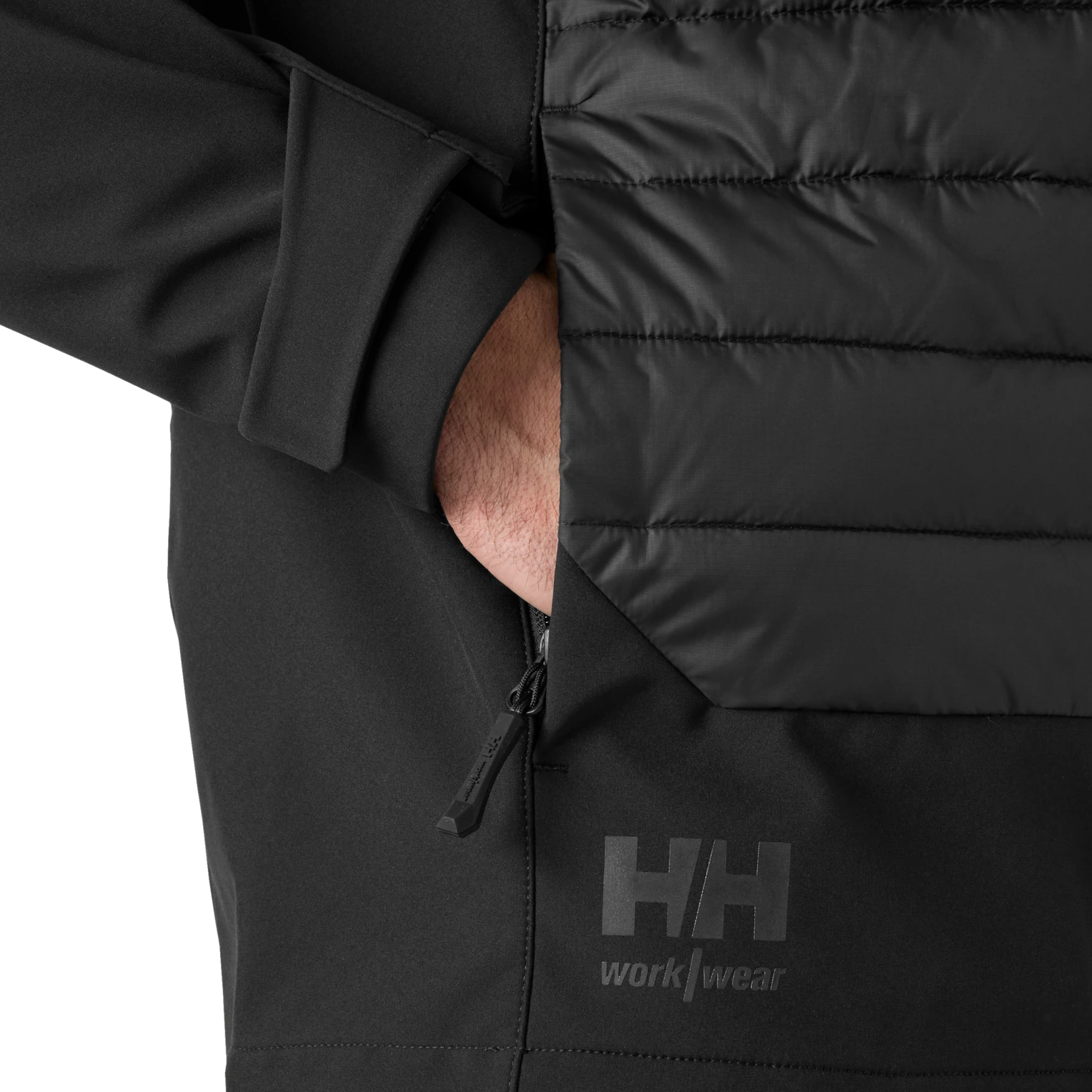 Helly Hansen Chelsea Evolution 2.0 Insulated Softshell 74142 black hand pocket YKK zipper HH logo close up