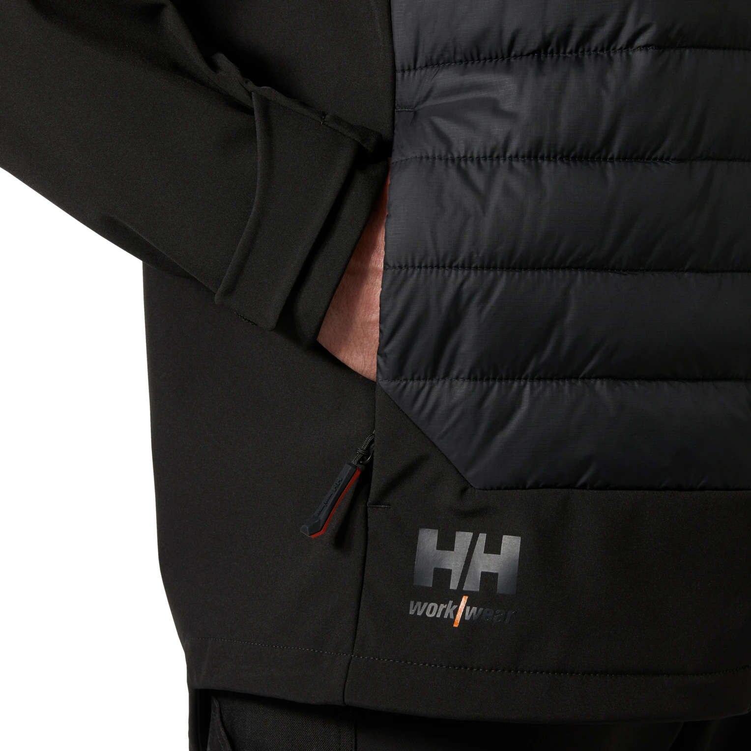 Helly Hansen Chelsea Evolution 2.0 Insulated Softshell 74142 black side hand pocket and HH logo close up