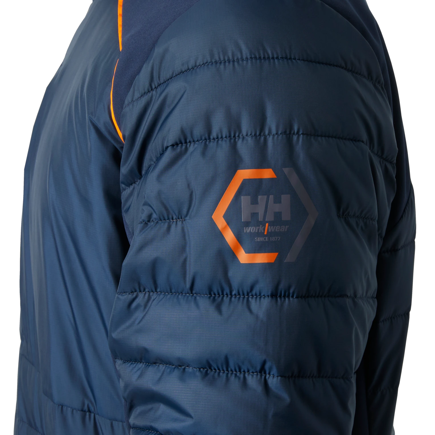 Helly Hansen Chelsea Evolution 2.0 Insulated Softshell 74142 navy back HH Workwear logo close up